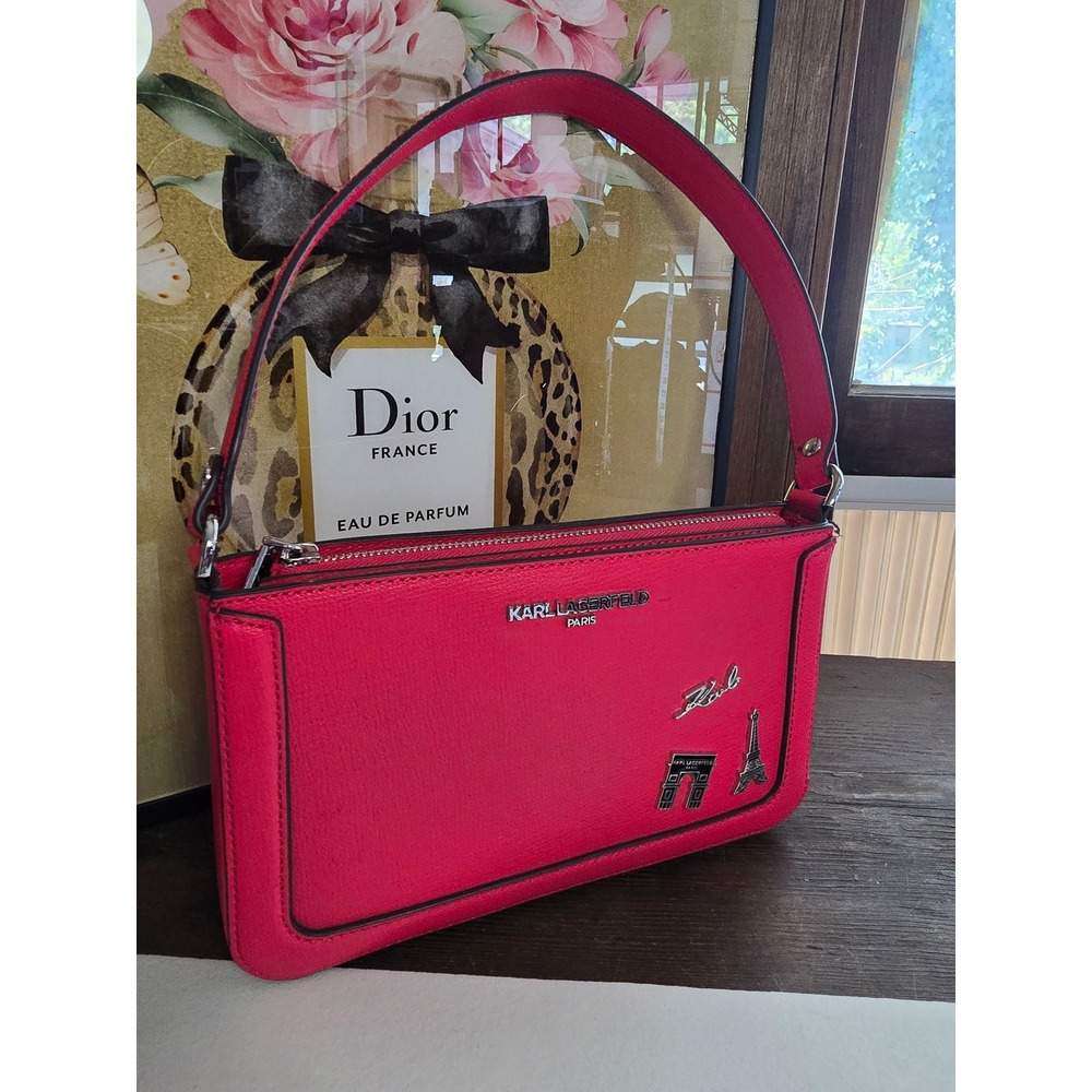 Karl Lagerfeld Saffiano Leather Shoulder Bag Hot Pink Paris Charms LH9EW5BT